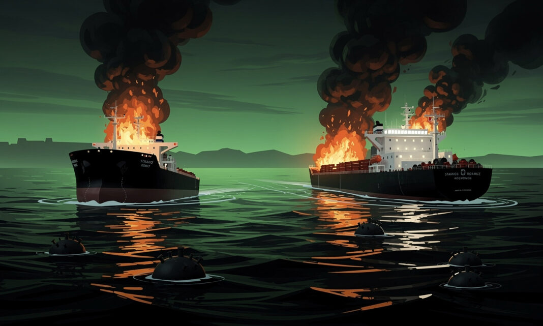 Irán afirma que otros dos petroleros se incendiaron al chocar con minas en Ormuz — imagen ilustrativa generada con FLUX